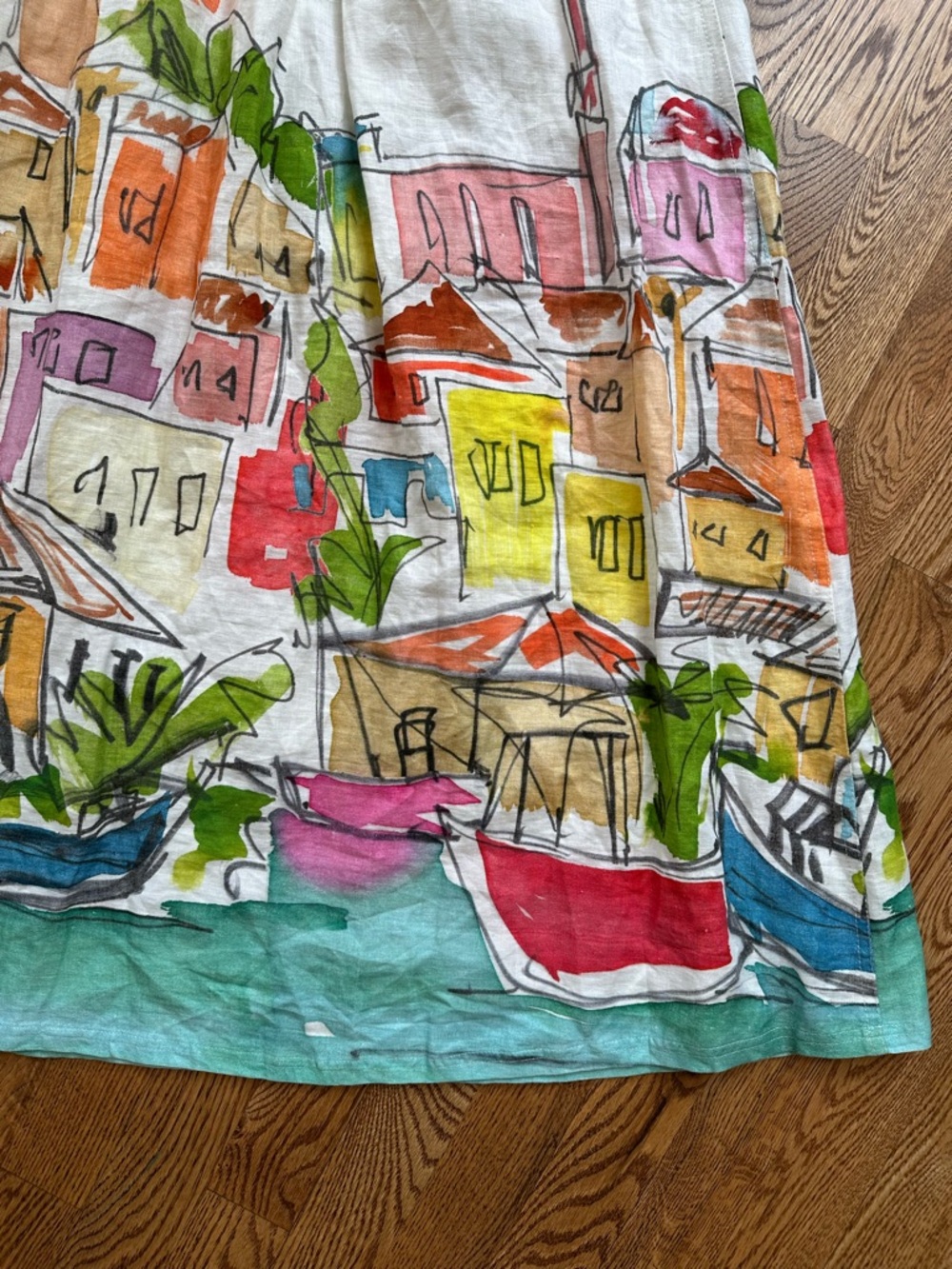 Boden Verity Linen Midi Skirt Coastal Harbor Print Size 6R Watercolor Scene - Picture 5 of 6